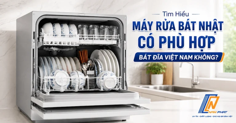 Bát cơm, đĩa nhỏ và đũa thìa Việt Nam xếp đầy trong máy rửa bát Panasonic nội địa Nhật.