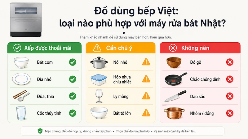 Bảng phân loại đồ dùng bếp Việt Nam xếp được và không nên cho vào máy rửa bát Nhật nội địa.
