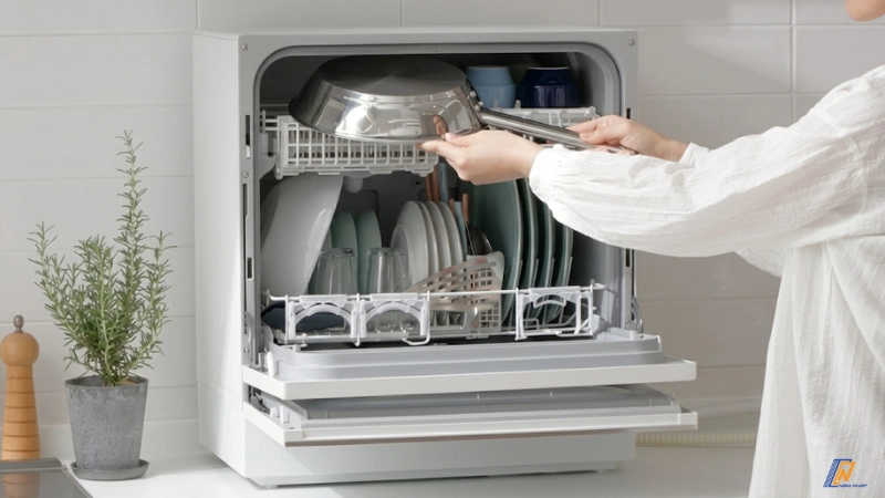 Máy rửa bát Nhật nội địa với khoang rửa gọn và bảng điều khiển tiếng Nhật.