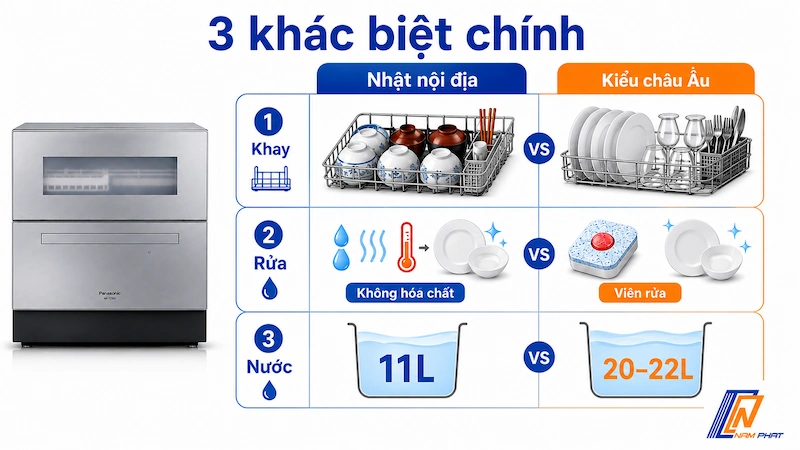 So sánh máy rửa bát Nhật nội địa và máy rửa bát thương mại thông thường.