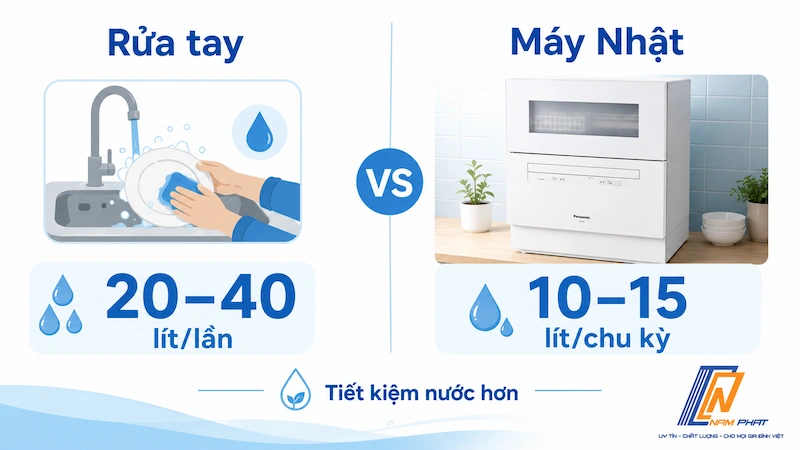 So sánh lượng nước tiêu thụ giữa rửa bát bằng tay và máy rửa bát Nhật nội địa.