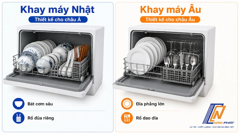 So sánh thiết kế khay máy rửa bát Nhật nội địa và máy châu Âu - phù hợp bát đĩa kiểu châu Á.