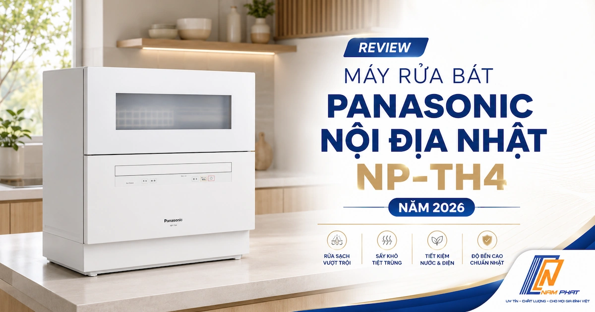 Máy rửa bát Panasonic NP-TH4 nội địa Nhật đặt trên bàn bếp.