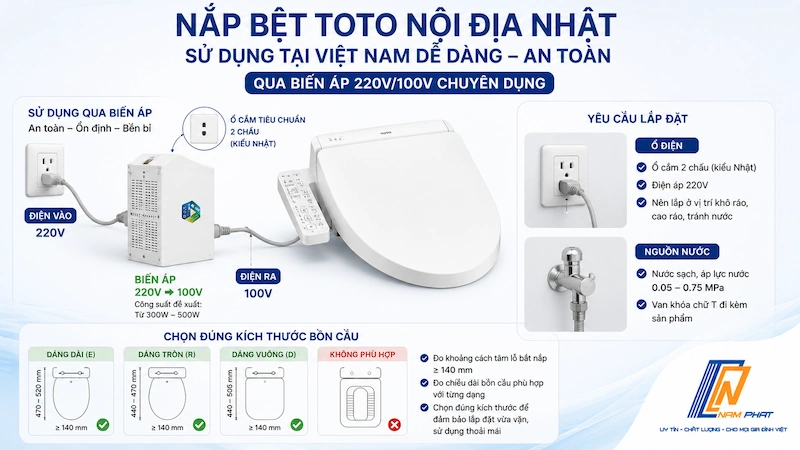 Nắp bệt điện tử TOTO 100V cần biến áp và lắp vừa bồn cầu tại Việt Nam.