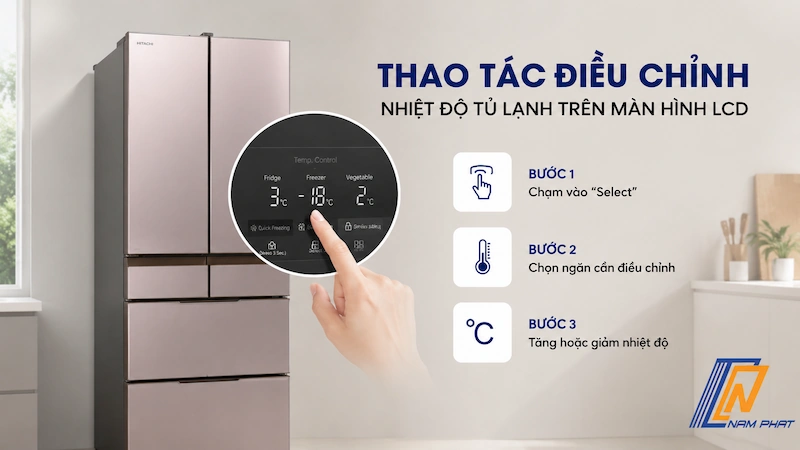 Thao tác điều chỉnh nhiệt độ tủ lạnh trên màn hình cảm ứng LCD