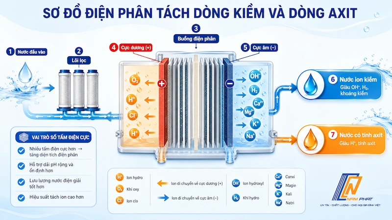 Nguyên lý điện phân tạo nước ion kiềm của máy lọc nước Nhật nội địa.