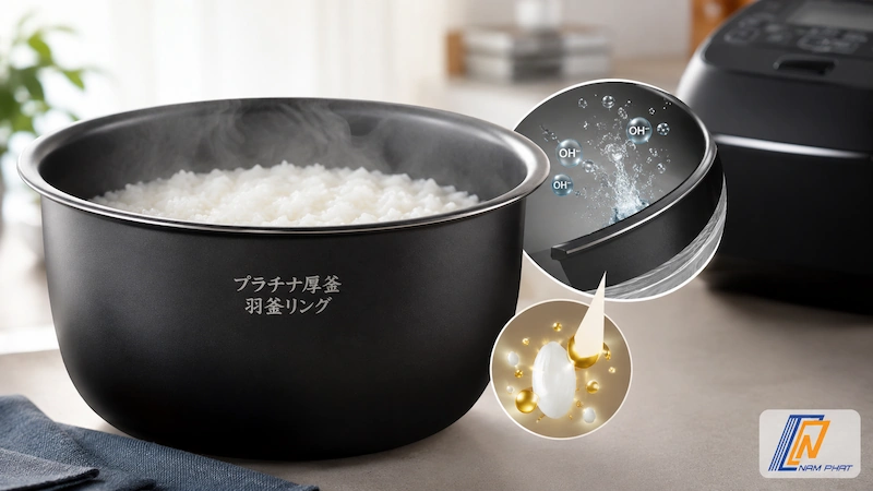 Lòng nồi phủ Platinum giúp kiềm hóa nước và phân giải đường của nồi cơm Zojirushi