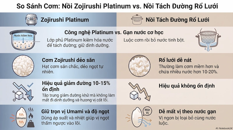 So sánh chất lượng hạt cơm nấu từ nồi Zojirushi và nồi tách đường rổ lưới