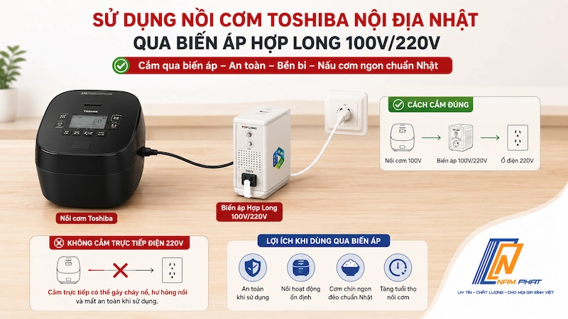 Dùng biến áp cho nồi cơm Toshiba nội địa Nhật điện 100V tại Việt Nam.