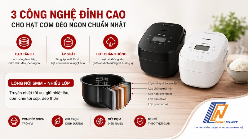 Công nghệ cao tần áp suất và hút chân không trên nồi cơm Toshiba nội địa Nhật.