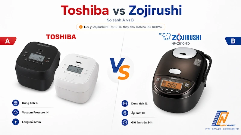 So sánh nồi cơm Toshiba RC-10HWG và Zojirushi NP-ZU10-TD nội địa Nhật.