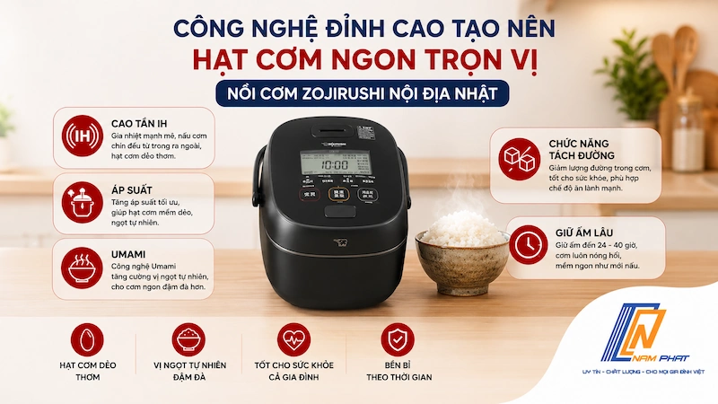 Công nghệ cao tần áp suất và tách đường trên nồi cơm Zojirushi nội địa Nhật.