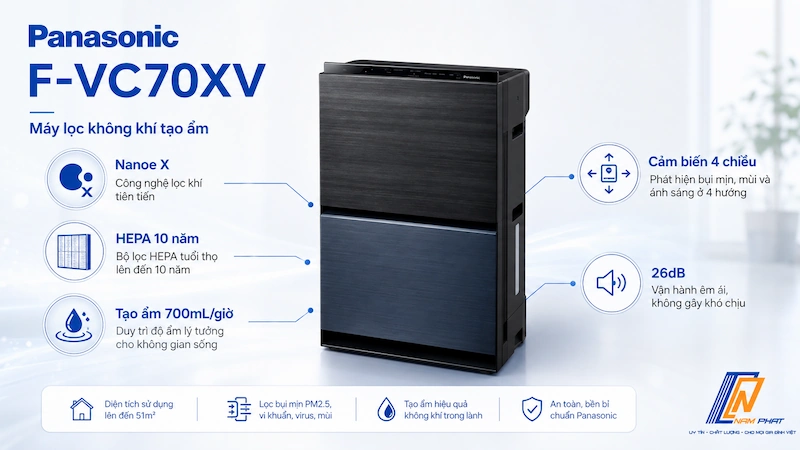 Máy lọc không khí tạo ẩm Panasonic F-VC70XV nội địa Nhật với công nghệ Nanoe X và bộ lọc HEPA 10 năm.