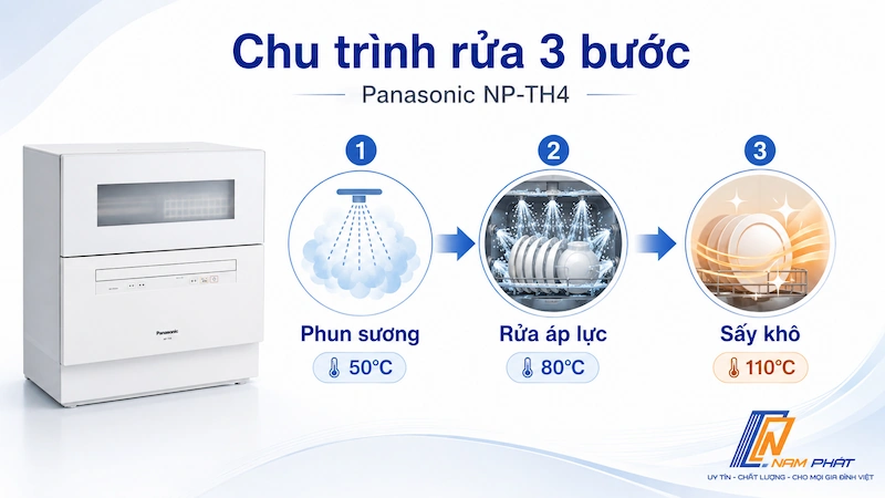 Chu trình rửa 3 giai đoạn của máy rửa bát Panasonic NP-TH4 nội địa Nhật.