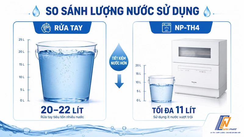 So sánh mức tiêu thụ nước khi rửa tay và dùng máy rửa bát Panasonic NP-TH4.