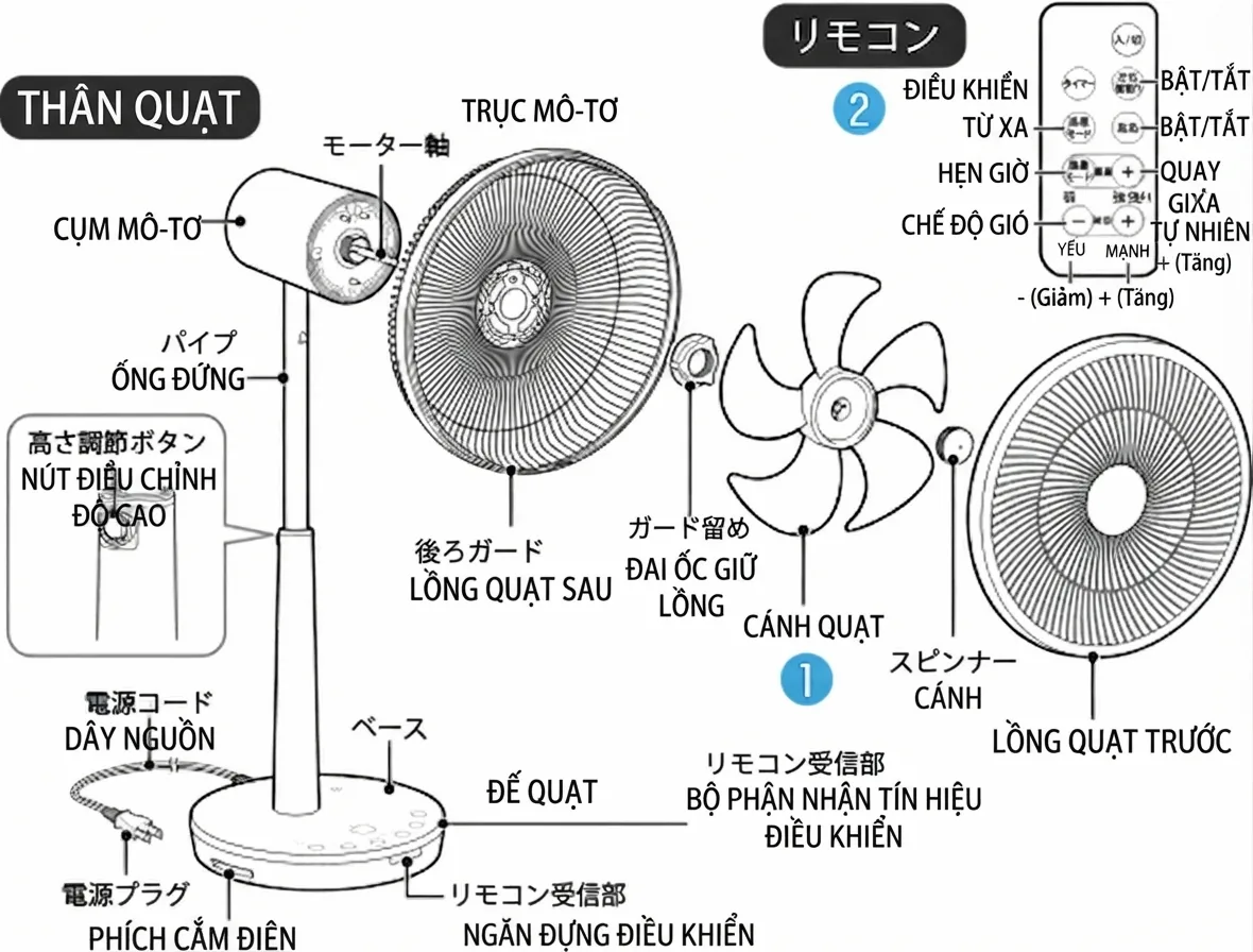 Động cơ và các chi tiết linh kiện bền bỉ bên trong quạt điện Sharp