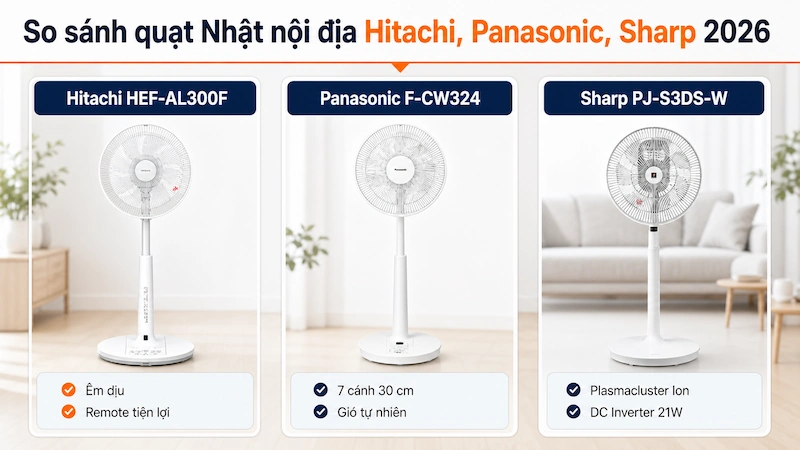 So sánh quạt Nhật nội địa Hitachi, Panasonic, Sharp 2026