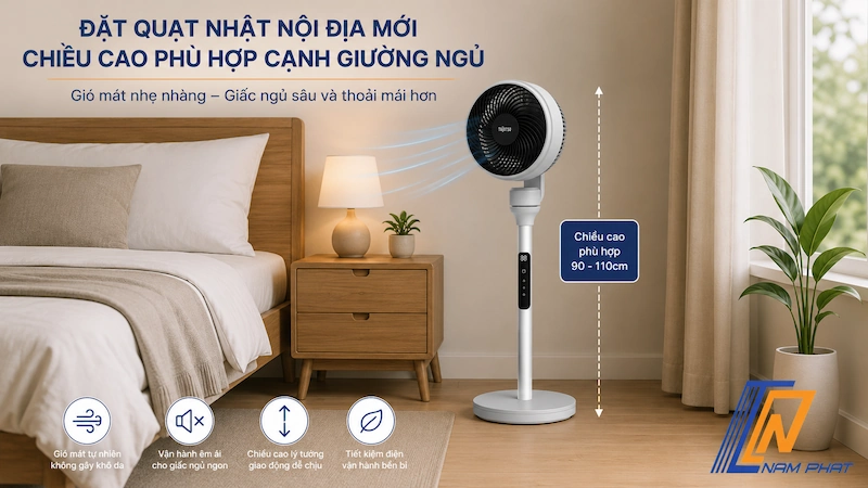 Đặt quạt Nhật nội địa mới chiều cao phù hợp cạnh giường ngủ