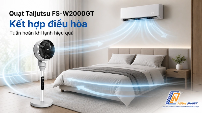 Quạt Taijutsu FS-W2000GT đặt trong phòng kết hợp điều hòa - tuần hoàn khí lạnh hiệu quả