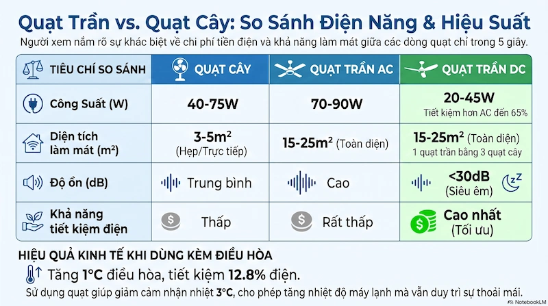 Bảng so sánh điện năng tiêu thụ và hiệu suất làm mát của các loại quạt