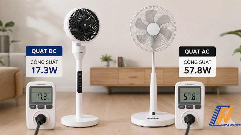 Đo mức tiêu thụ công suất điện năng của quạt cây DC so với quạt AC