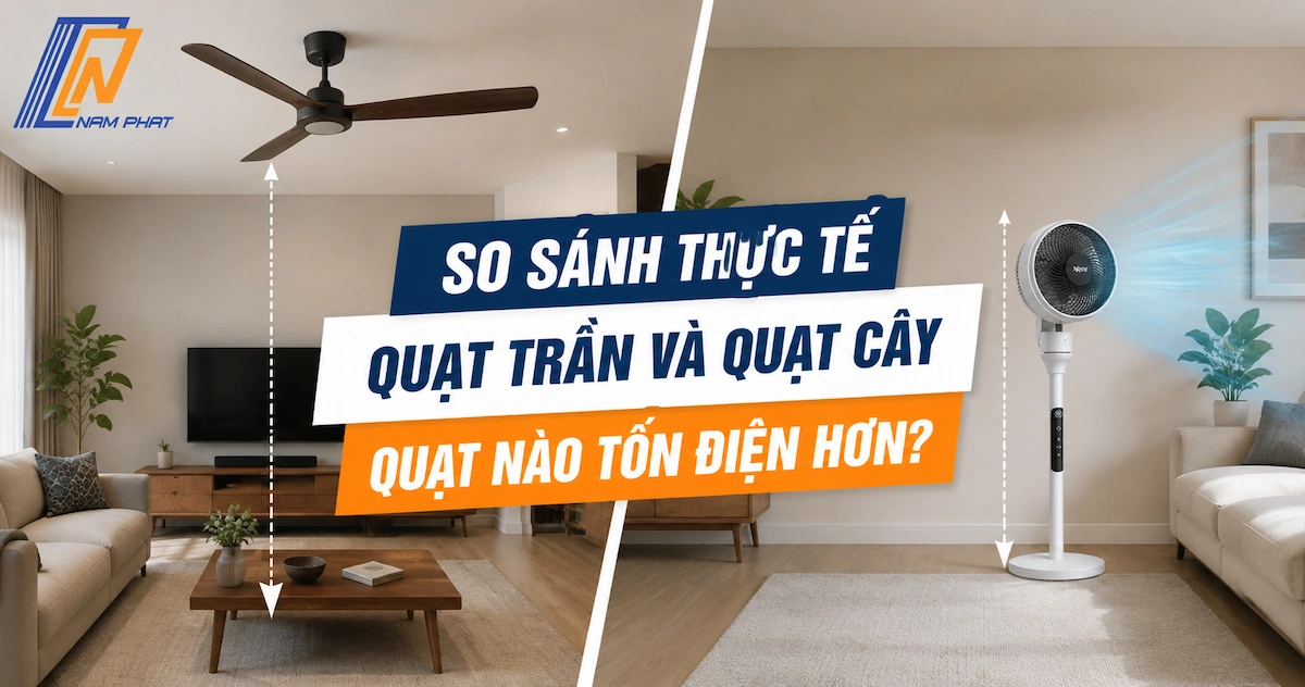 So sánh kích thước và kiểu dáng giữa quạt trần và quạt cây trong phòng khách