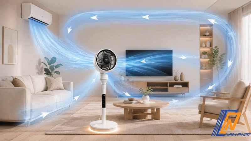 Quạt tuần hoàn 3D kết hợp điều hòa giúp mát đều phòng kín