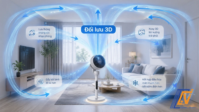 Minh họa luồng gió xoáy đối lưu của quạt tuần hoàn 3D trong phòng kín