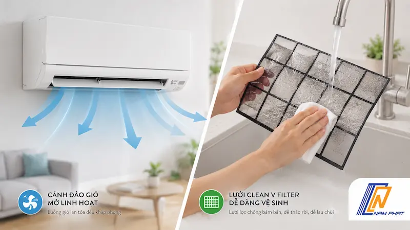 Cánh đảo gió mở linh hoạt và lưới Clean V Filter dễ dàng lau chùi vệ sinh