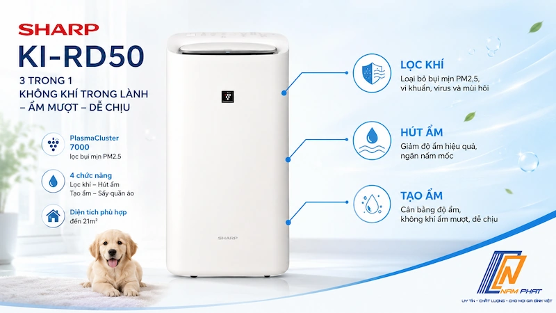 Máy lọc không khí Sharp KI-RD50 nội địa Nhật với 3 chức năng lọc khí, hút ẩm và tạo ẩm.