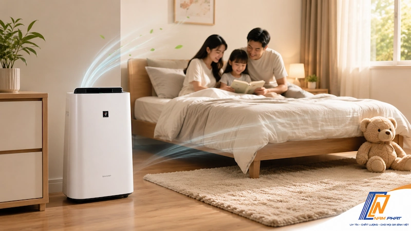 Máy lọc không khí Sharp nội địa Nhật trong phòng ngủ gia đình, đèn báo chất lượng không khí xanh.