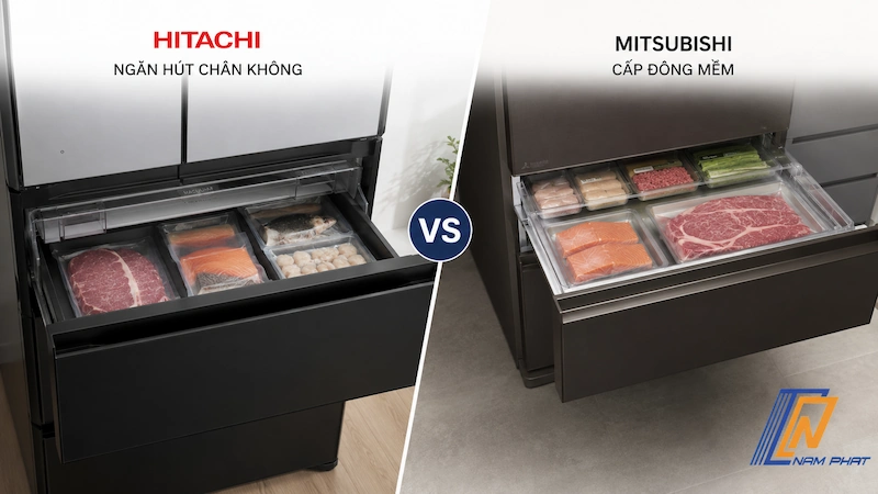 So sánh ngăn hút chân không Hitachi và ngăn cấp đông mềm Mitsubishi