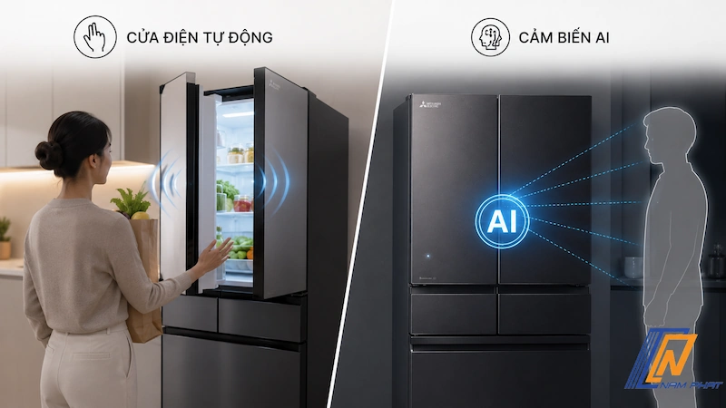 Các tiện ích thông minh cửa điện tự động và cảm biến AI trên tủ lạnh