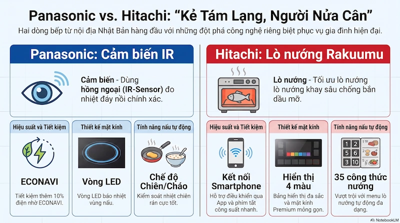 Bảng so sánh các đặc tính kỹ thuật cốt lõi giữa hai hãng bếp Nhật