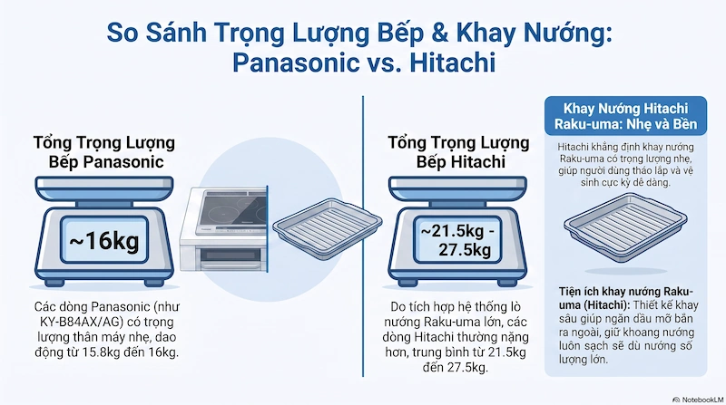 So sánh trọng lượng khay nướng Raku-cooking của Panasonic và Hitachi