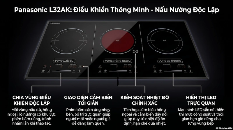 Bảng điều khiển cảm biến chia vùng độc lập trực quan của bếp từ Panasonic