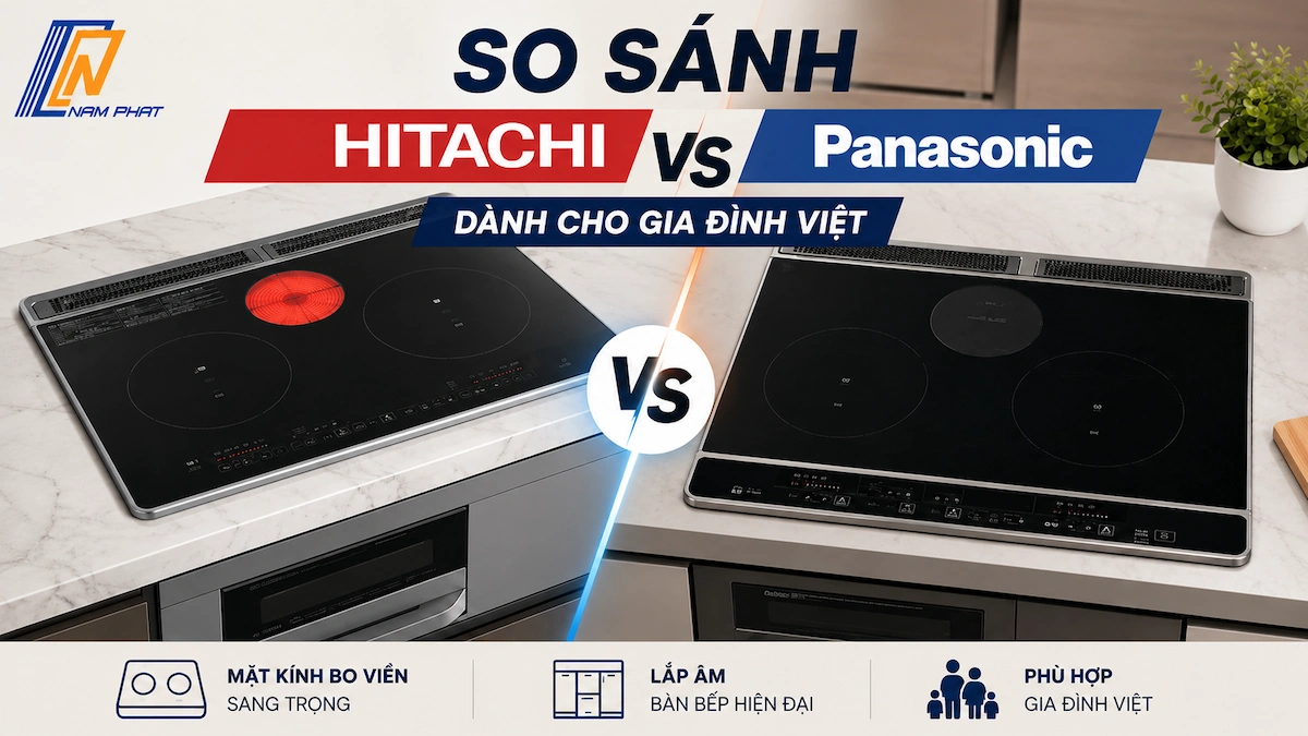 So sánh bếp từ Hitachi và Panasonic mặt kính bo viền sang trọng lắp âm bàn bếp