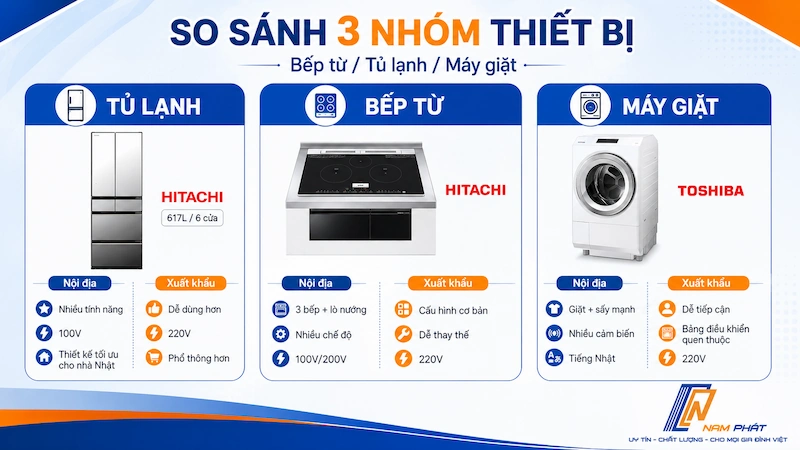 So sánh bếp từ, tủ lạnh, máy giặt Nhật nội địa và xuất khẩu theo tính năng và điện áp.