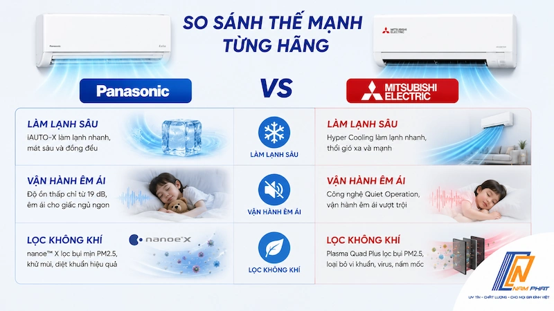 So sánh điều hòa nội địa Nhật Daikin, Mitsubishi và Panasonic cho phòng 15m2.