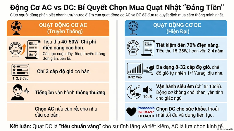 Bảng so sánh đặc tính kỹ thuật giữa quạt AC và quạt DC