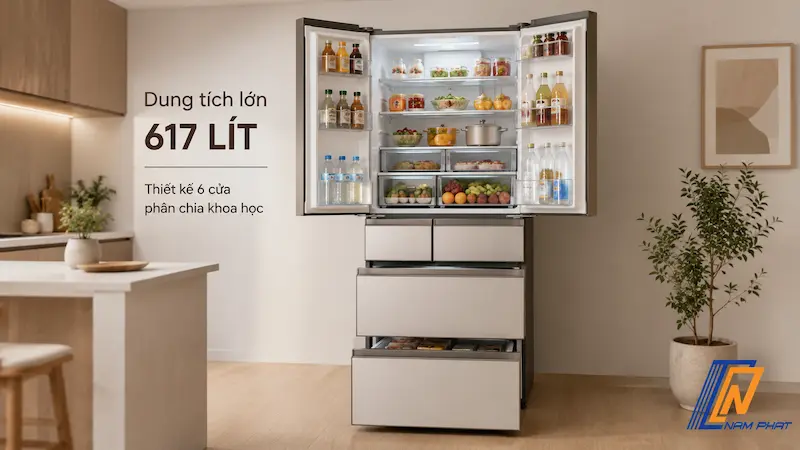 Dung tích lớn 617 lít với thiết kế 6 cửa phân chia khoa học