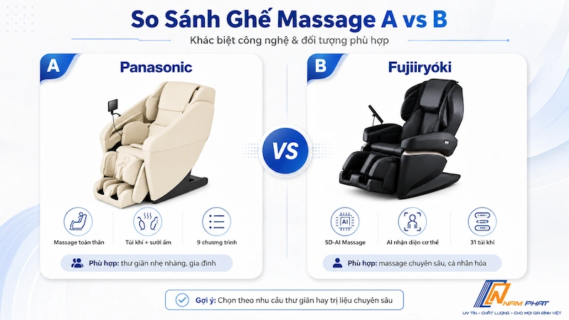 So sánh ghế massage Fujiiryoki AS-2100-BK và Panasonic EP-MA120 nội địa Nhật.