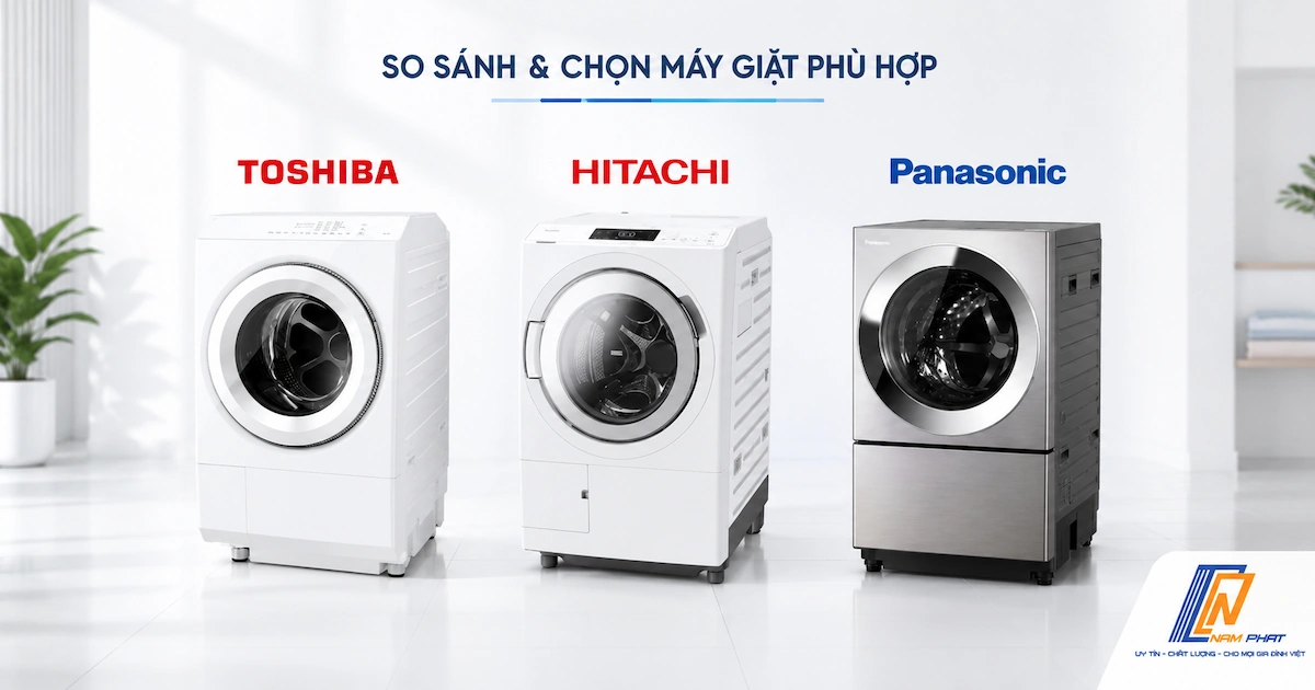So sánh máy giặt nội địa Nhật Hitachi, Panasonic và Toshiba năm 2026.