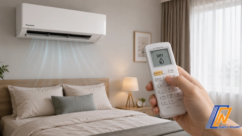 Bật chế độ Dry làm khô trên điều hòa treo tường trong phòng ngủ