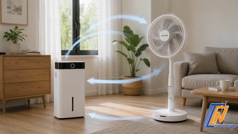Kết hợp máy hút ẩm Jisuhome và quạt đối lưu không khí trong phòng