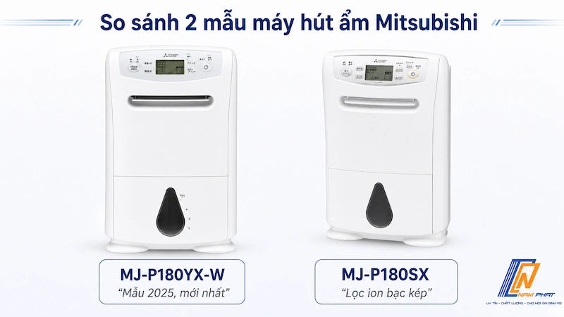 So sánh hai model máy hút ẩm Mitsubishi nội địa Nhật MJ-P180YX-W 2025 và MJ-P180SX.