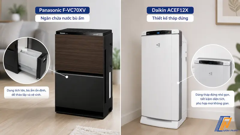 Ngăn chứa nước bù ẩm của Panasonic và thiết kế tháp đứng của Daikin