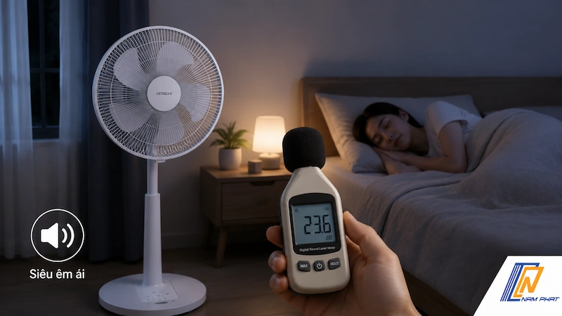 Đo độ ồn của quạt cây Hitachi nội địa Nhật vận hành siêu êm ái trong phòng ngủ