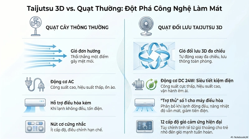So sánh thiết kế quạt đối lưu Taijutsu và quạt cây thông thường