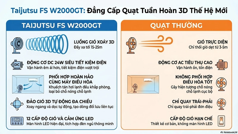 So sánh quạt tuần hoàn 3D DC và quạt đứng thông thường